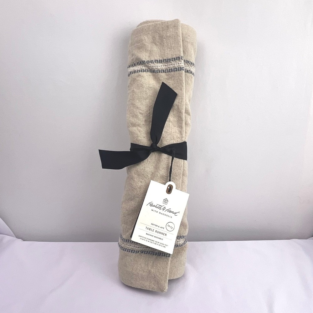 Hearth & Hand Magnolia Cotton Jute Table Runner Tan Blue Striped 14x72 NWT
